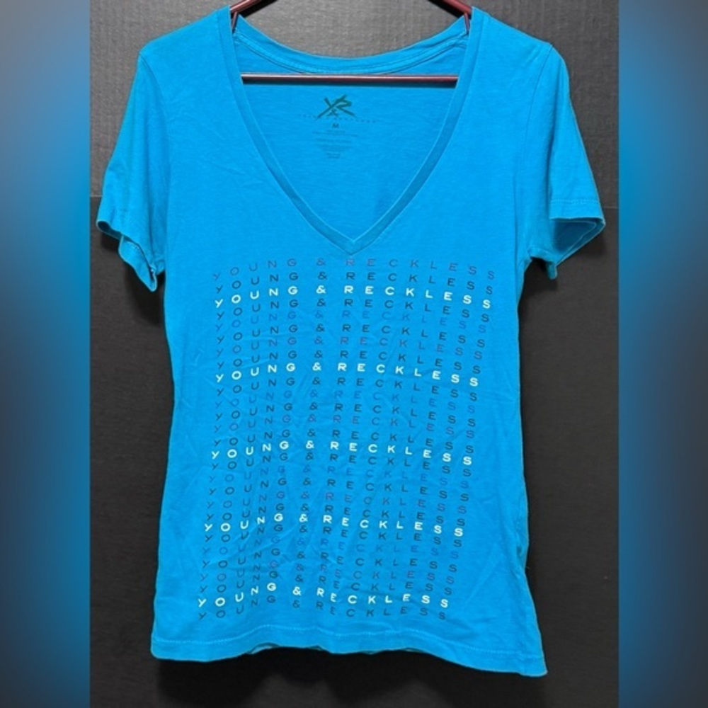 🏜️ Young and Reckless Teal Turquoise Word Search Graphic V-Neck Tee Medium